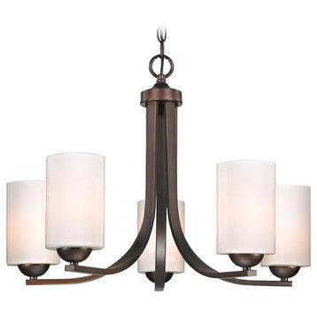 Modern 5-Light Chandelier with Opal White Cylinder Glass in Bronze