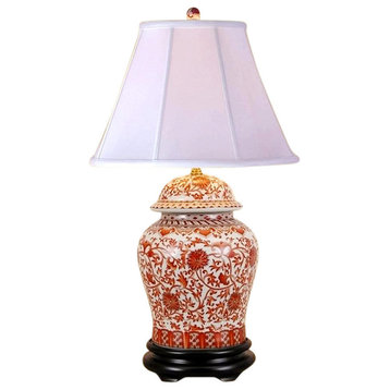 Oriental Porcelain Orange and White Ginger Jar Lamp Lotus Pattern 29"