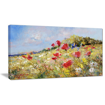 Painted Poppies on Summer Meadow, Large Landscape Canvas Art, 32"x16"