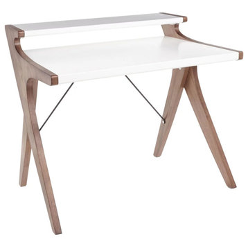 Contemporary Desk, X-Shaped Legs With Wooden Top & Open Shelf, Walnut/White