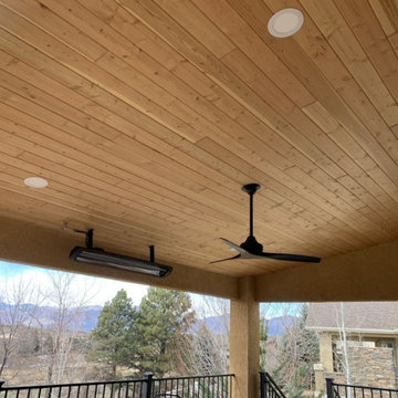 Tongue and Groove Pine Ceiling with Heater, Lights, and Ceiling Fan