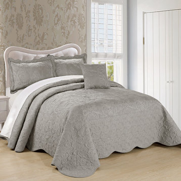 Damask Embroidered Quilted 4 Piece Bed Spread Sets, Ash Gray, King
