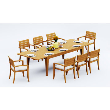 9-Piece Teak Dining Set, 122" Rectangle Table, 8 Travota Stacking Arm Chairs
