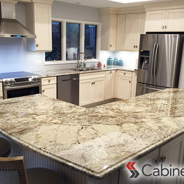 Hawthorne Maple Bright White Cabinets with a Brushed Brown Glaze