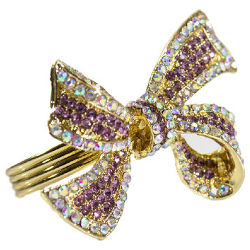 Crystal Bowknot Gold-Pleated Napkin Rings Wedding Holiday - Set of 4, Purple