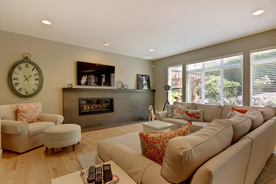 Mid-sized trendy formal and open concept light wood floor living room photo in Seattle with beige walls, a ribbon fireplace, a tile fireplace and a wall-mounted tv