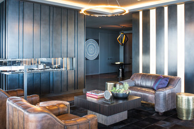 Example of a transitional living room design in San Francisco with a corner fireplace and a metal fireplace