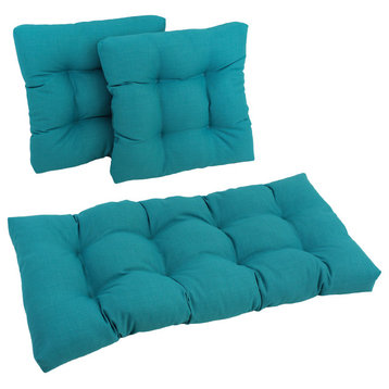 Square Outdoor Tufted Settee Cushions, 3-Piece Set, Aqua Blue