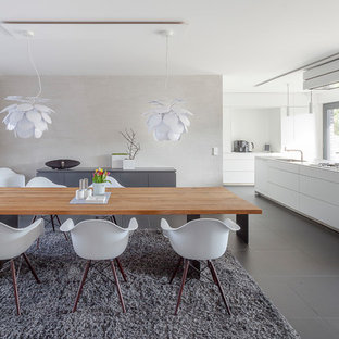 ハノーファーの中サイズのコンテンポラリースタイルのLDKの画像 (グレーの壁、セラミックタイルの床、黒い床)