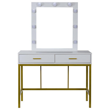 Contemporary Vanity Table, Storage Drawers & Mirror With LED Lights, White/Gold