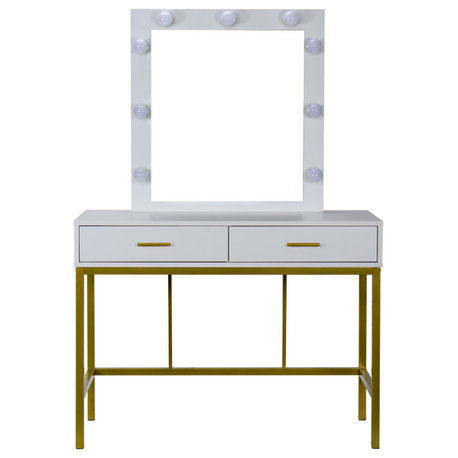 Contemporary Vanity Table, Storage Drawers & Mirror With LED Lights, White/Gold