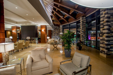 Living room - large transitional formal and open concept limestone floor and beige floor living room idea in Other with multicolored walls, a two-sided fireplace and a metal fireplace