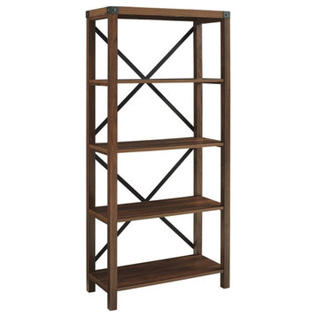 64" Farmhouse Metal X Bookcase with 4-Fixed Shelves in Dark Walnut