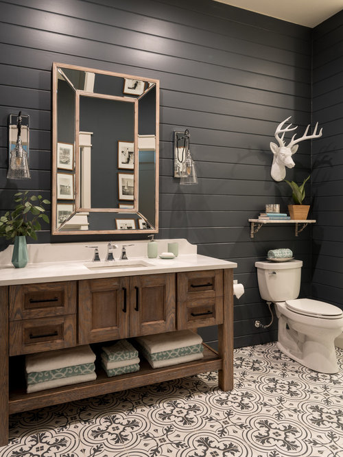 Most Popular Beach Style Bathroom  with Black  Walls 