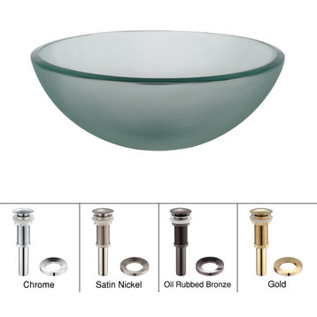 Frosted 14" Glass Vessel Bathroom Sink, PU Drain, Mounting Ring, Nickel