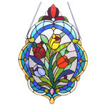CHLOE Lighting - Kelda Tiffany-Glass Tulip Window Panel - This beautiful multi-colored Tiffany-glass Tulip designed window panel will add color and beauty to any room in your home. Crafted from over 150 pieces, 8 beads, and a crystal.
