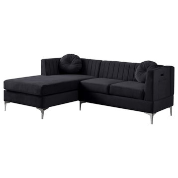 Unique Sectional Sofa, Velvet Seat With Channel Tufted Back & USB Ports, Black
