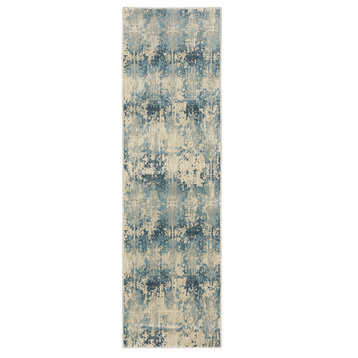 Xaviera Faded Abstract Ivory and Blue Area Rug, 2'3"x7'6"