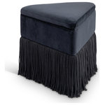 Meridian Furniture - Trivoli Upholstered Ottoman/Stool, Black, Velvet - Add a bold touch of luxury to your space with the Trivoli black velvet ottoman, a captivating piece that combines opulence with quirky flair. Draped in sumptuous velvet, this triangular stool is all about making a statement. Its dramatic fringe skirt adds both texture and movement, offering a playful yet elegant vibe.