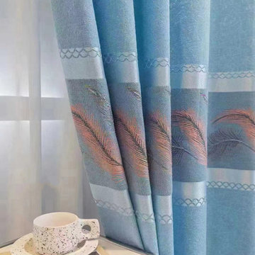 Pretty Jacquard Feather Blue Grey Pink Chenille Custom Made Curtains