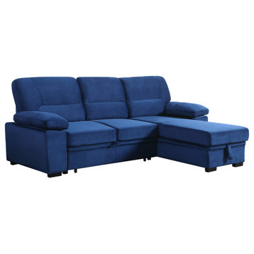 Kipling Velvet Fabric Reversible Sleeper Sectional Sofa Chaise, Blue