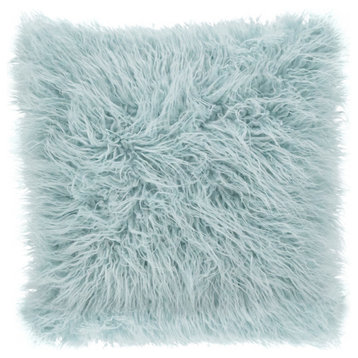 Poly Filled Mongolian Faux Fur Throw Pillow, 22"x22", Ice Blue
