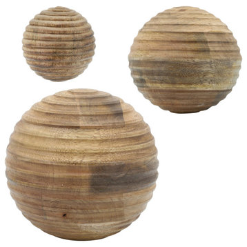 8" Wooden Orb With Ridges, Natural