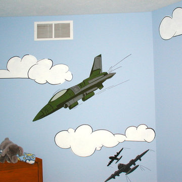 various past works, including murals, furniture, and rugs