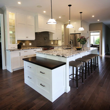 Open Transitional White Kitchen with Butcher Block