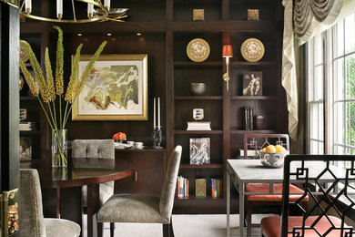 Example of a mid-sized minimalist carpeted and beige floor enclosed dining room design in New York with gray walls and no fireplace