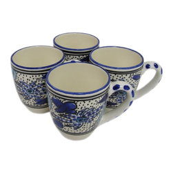 Le Souk Ceramique - Stoneware Tea Cup, Set of 4, Aqua Fish Design - Teacups