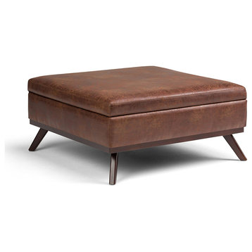Mid Century Storage Ottoman, Faux Leather Upholstery, Distressed Saddle Brown