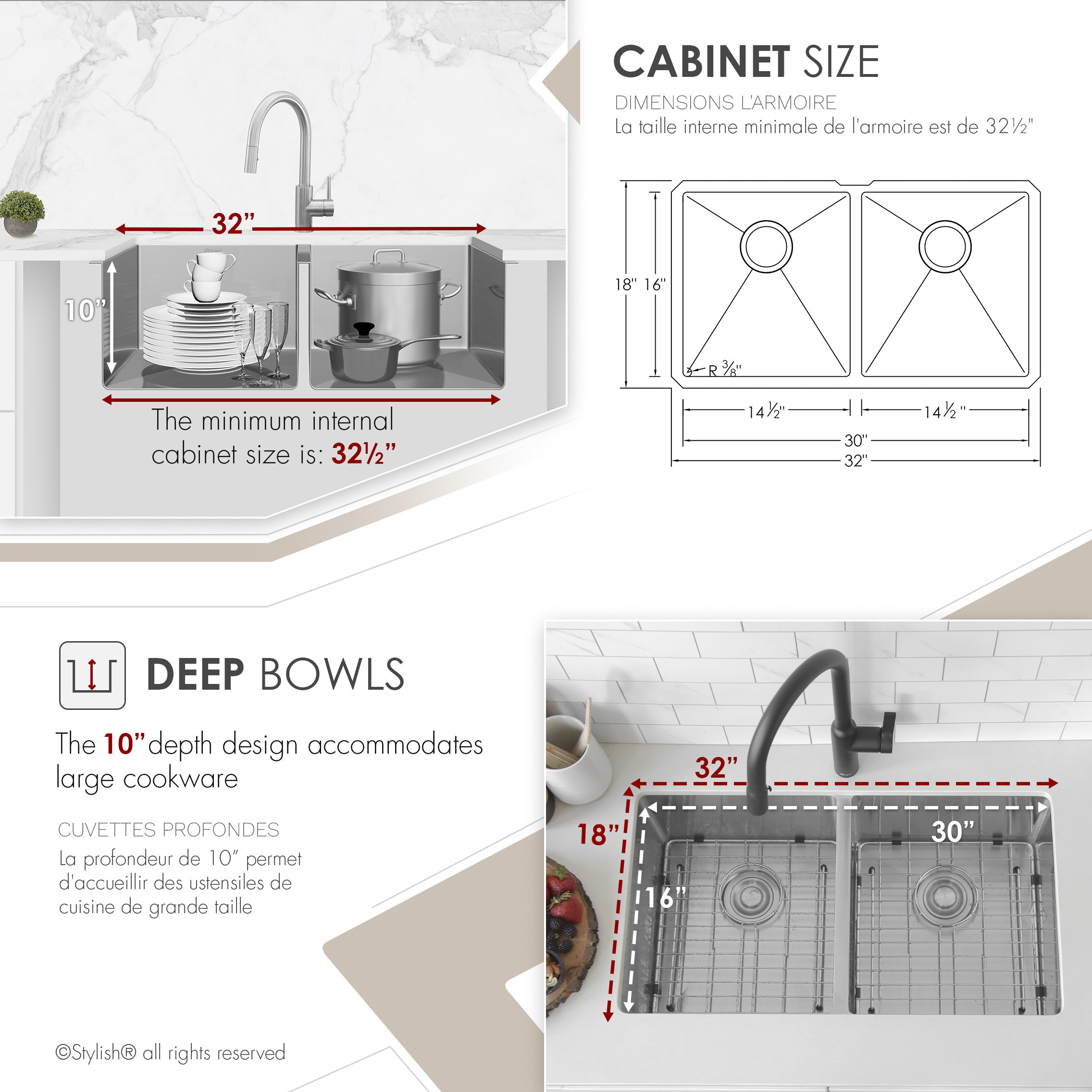 STYLISH 32"L x 18"W Stainless Steel Double Basin Undermount Kitchen Sink