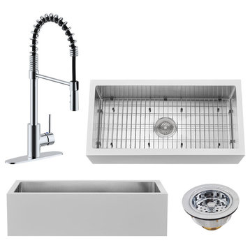 36" Single Bowl Farmhouse Solid Surface Sink and Faucet Kit, Polished Chrome