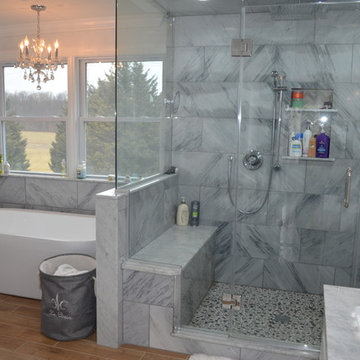 Marble and Wood Master Bathroom with Glass Steam Shower & Free-standing Tub