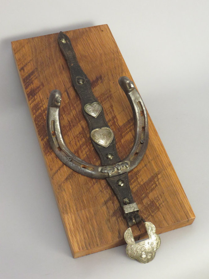#H1418 HorseShoe Rack: Reclaimed Oak, Shoes, Tack Leather