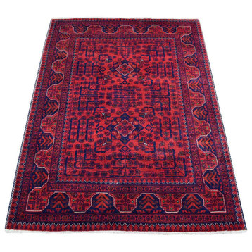 Saturated Red Afghan Khamyab All Over Design Hand Knotted Wool Rug, 3'5"x4'10"