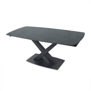 Modern Expandable Gray Sintered Stone Dining Table with Leaf X-Base 4-6 Person