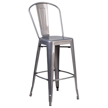 30" Clear Coated Metal Bar Height Stool With Slatted Back for Indoor Use