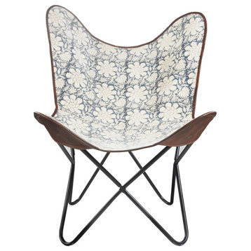 Floral Canvas and Leather Butterfly Accent Chair