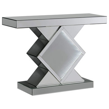 Modern Console Table, Geometric Mirrored Design With LED Lights, Silver Finish