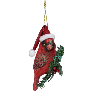 3.5" Red Cardinal Bird Wearing Santa Hat Christmas Ornament