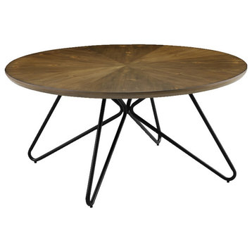 Benzara BM220246 Dual Tone Round Wooden Coffee Table with Metal Hairpin Legs