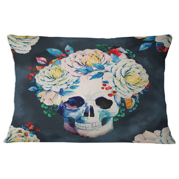 Watercolor Vector Skull Floral Throw Pillow, 12"x20"