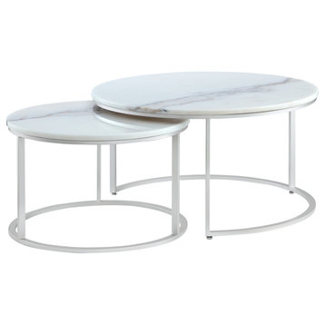 2-Piece Inspired Home Araya Coffee Table, Round Marble/Stackable, Silver
