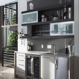 サンディエゴの小さいコンテンポラリースタイルのおしゃれなウェットバー (アンダーカウンターシンク、フラットパネル扉のキャビネット、グレーのキャビネット、クオーツストーンカウンター、グレーのキッチンパネル、淡色無垢フローリング、グレーの床) の写真