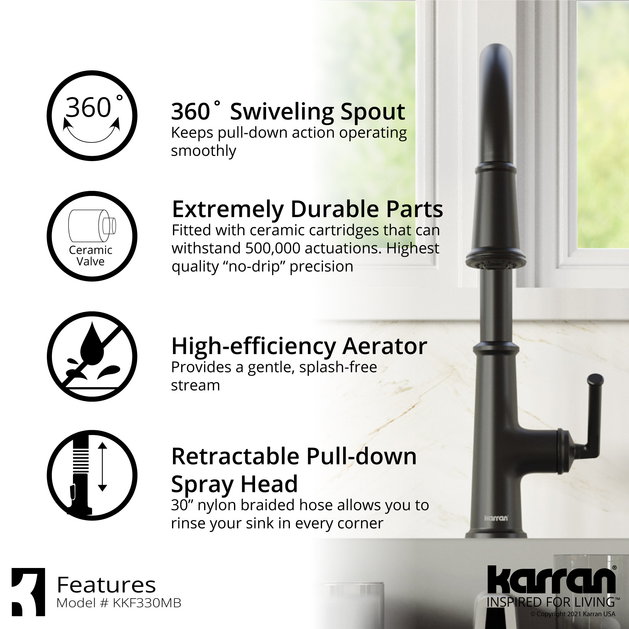 Karran KKF330 1-Handle Pull Down Dual Function Sprayer Faucet, Matte Black