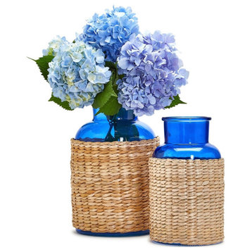 Two's Company Set of 2 Blue Glass Candle Holders / Vases with Rattan Wrap