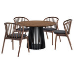 Armen Living - Pasadena Echo 5-Piece Round Dining Set, Walnut/Black Finish Table Walnut Chairs - Enhance your dining space with the Pasadena Echo 5 Piece Round Dining Set. This 5-piece dining set includes 1 Pasadena round dining table, and 4 Echo dining chairs with faux leather upholstery. The versatile chairs merge style and functionality, making them a perfect addition to your dining room, kitchen, or even as accent pieces throughout your home. Crafted with precision and a keen eye for detail, the Echo dining chairs showcase a stunning combination of wood and easily maintained faux leather upholstery. This modern design not only guarantees durability but also imparts a timeless aesthetic, making these chairs an ideal choice for those seeking a cohesive and refined furniture set. The Windsor style chair back and angular frame creates a timeless silhouette. The round shape of the table brings a touch of sophistication, creating a dynamic focal point for gatherings in your dining room. The compact 47-inch size makes it an ideal choice for those seeking a small dining table without compromising on style. Its versatility extends beyond the dining room, seamlessly integrating into kitchens as a modern kitchen table. The retro allure of mid-century design is present in the slatted pedestal base, further elevating its appeal, whilst lending its unmistakable character and attractive, architectural-like quality. This 5-piece dining set is available in multiple color variations including: an all-black finish table with either walnut or black finish chairs and black faux leather upholstery, or a walnut table top and black finish table with walnut chairs and black faux leather upholstery.