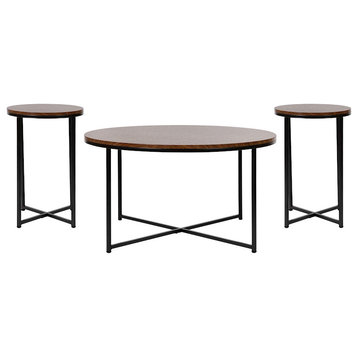 Flash Hampstead Coffee & End Table Set, WN/BK Crisscross, 3 Piece Table Set